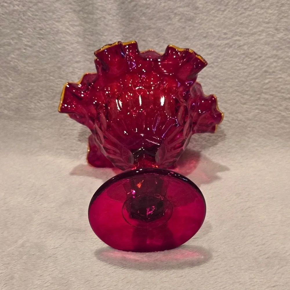 Vintage Fenton Ruby Red Thumbprint Glass‎ Pedestal Compote Cadmium Glow on Rim